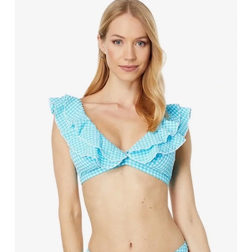Lilly Pulitzer Aelin Bikini Top Women 12 Blue Gingham Ruffle Seersucker NWOT